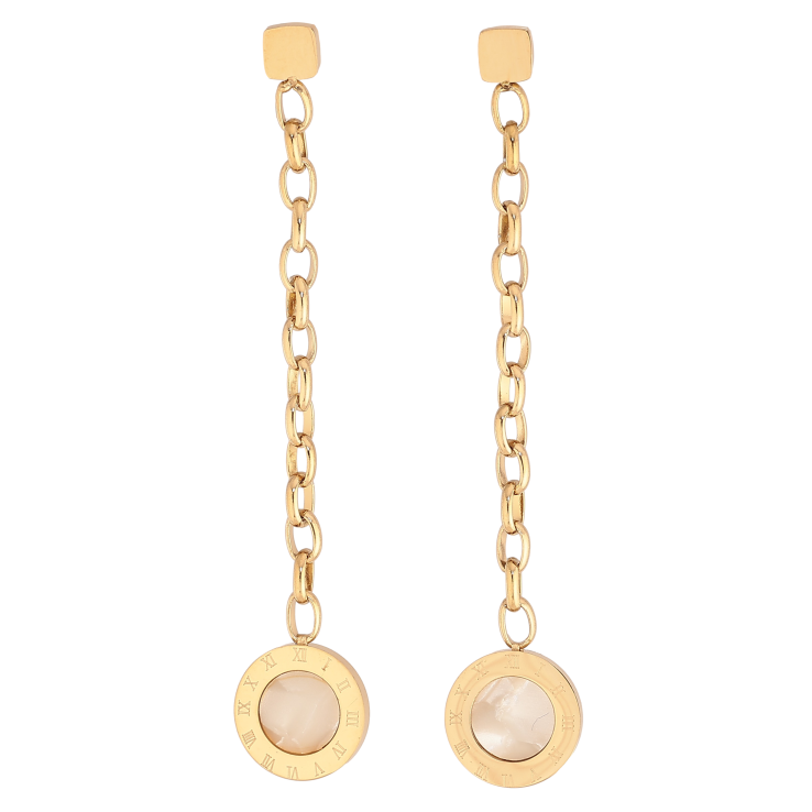 Серьги Xuping TTM Stainless Steel цвет 14К пусеты "Подвески с циферблатом и перламутровыми вставками" фото №21