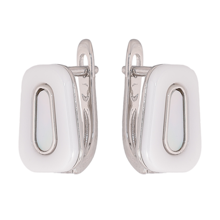 Серьги Xuping TTM Stainless Steel цвет Родий английский замок "Узор из белой керамики с перламутровой вставкой" фото №24