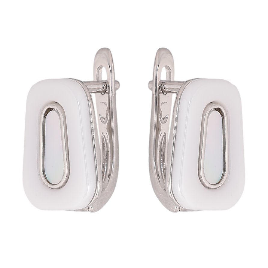 Серьги Xuping TTM Stainless Steel цвет Родий английский замок "Узор из белой керамики с перламутровой вставкой" фото №1