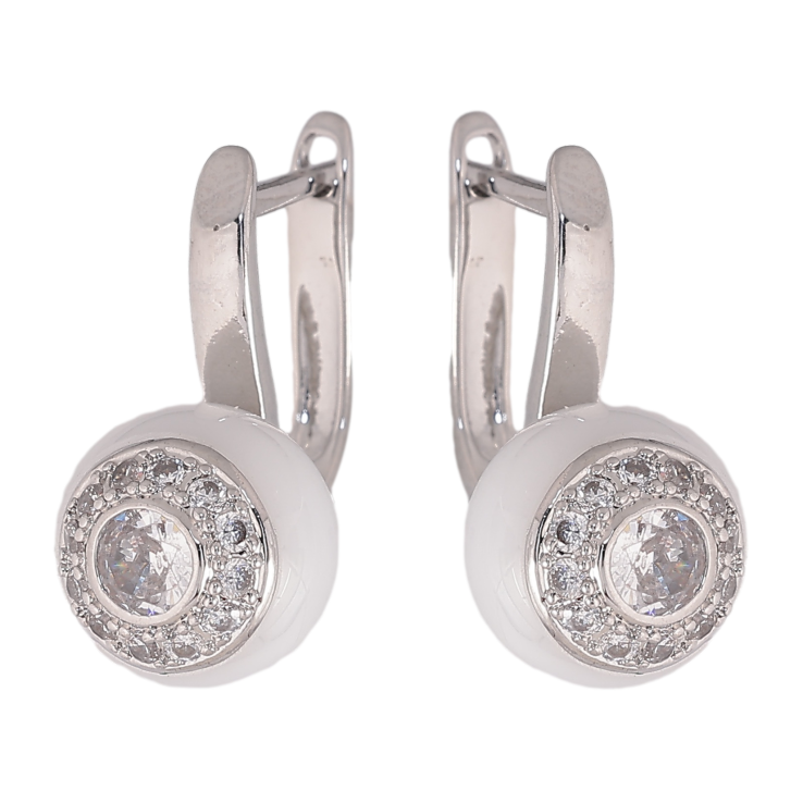 Сережки Xuping TTM Stainless Steel колір Родій англійський замок "Кульки з білої кераміки з кристалами" фото №4