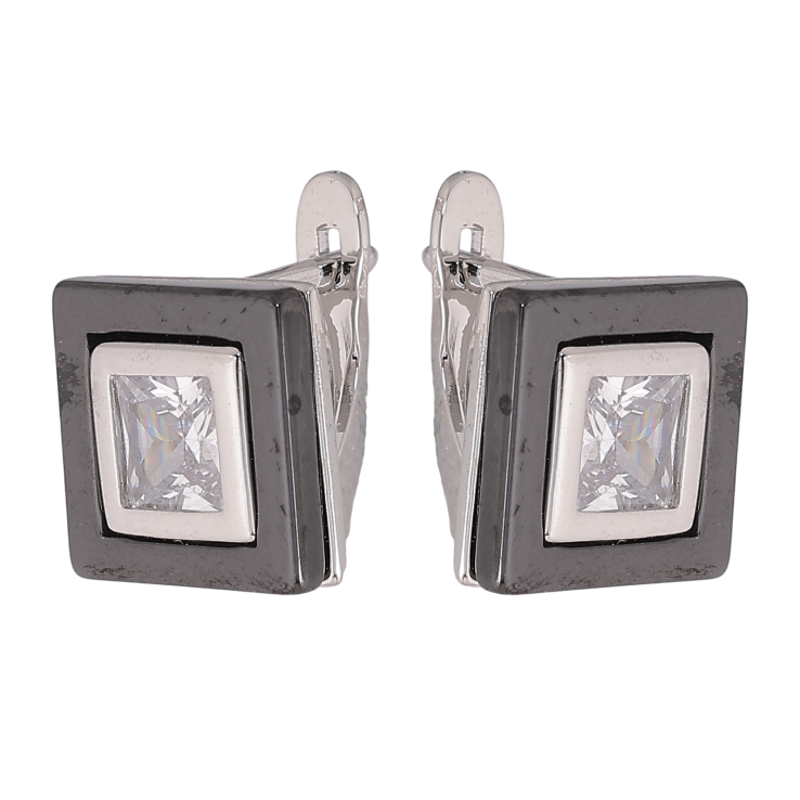 Серьги Xuping TTM Stainless Steel цвет Родий английский замок "Квадраты с черной керамикой и кристаллами" фото №17