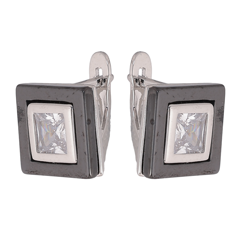 Серьги Xuping TTM Stainless Steel цвет Родий английский замок "Квадраты с черной керамикой и кристаллами" фото №1