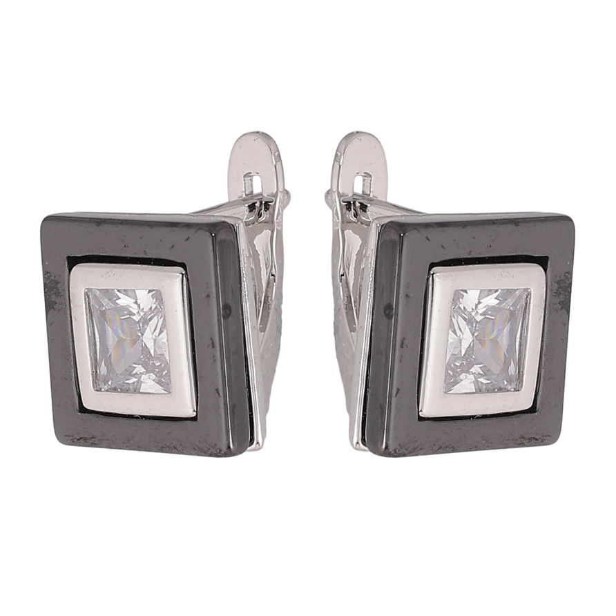 Серьги Xuping TTM Stainless Steel цвет Родий английский замок "Квадраты с черной керамикой и кристаллами" фото №1