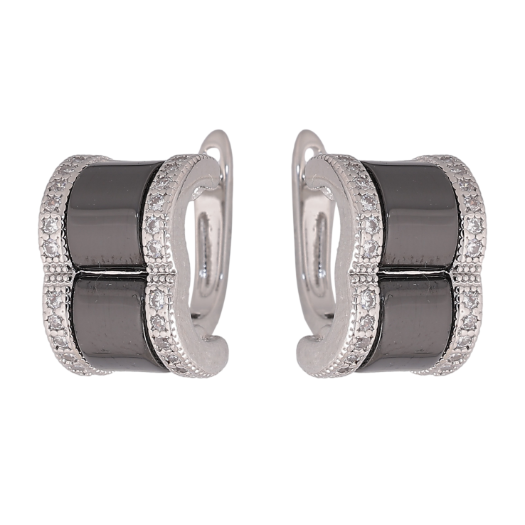 Серьги Xuping TTM Stainless Steel цвет Родий английский замок "Узор с черной керамикой и кристаллами" фото №16