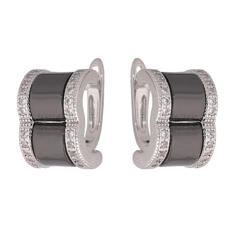 Серьги Xuping TTM Stainless Steel цвет Родий английский замок "Узор с черной керамикой и кристаллами" фото №1