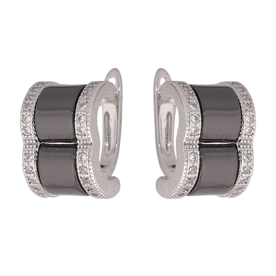 Серьги Xuping TTM Stainless Steel цвет Родий английский замок "Узор с черной керамикой и кристаллами" фото №1