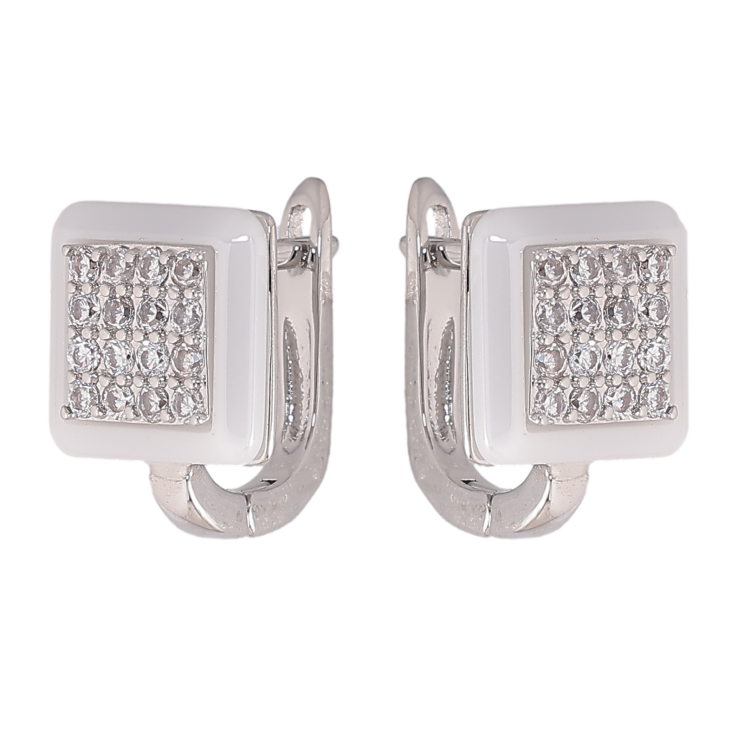 Серьги Xuping TTM Stainless Steel цвет Родий английский замок "Квадраты с белой керамикой и кристаллами" фото №13