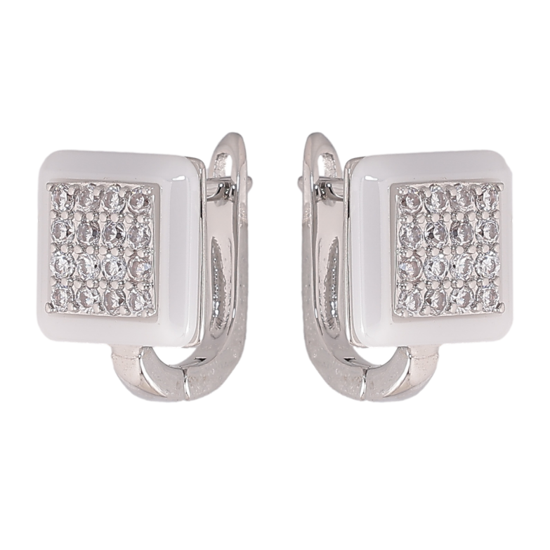 Серьги Xuping TTM Stainless Steel цвет Родий английский замок "Квадраты с белой керамикой и кристаллами" фото №1