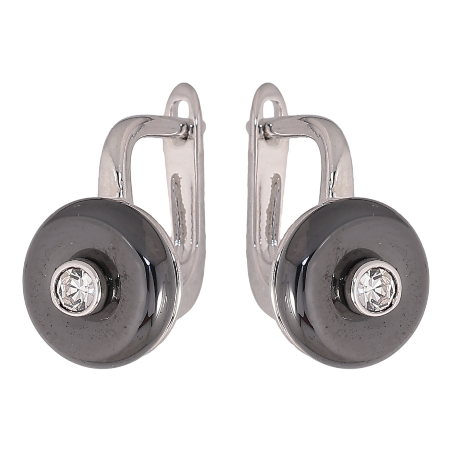 Серьги Xuping TTM Stainless Steel цвет Родий английский замок "Узор из черной керамики с кристаллом" фото №1