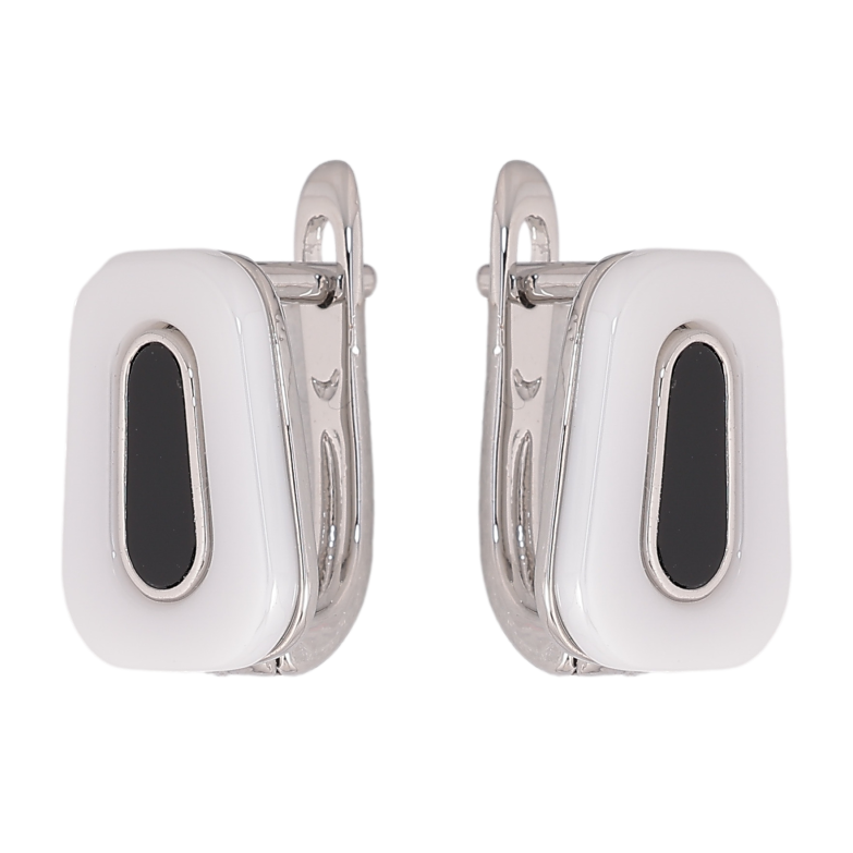 Серьги Xuping TTM Stainless Steel цвет Родий английский замок "Узор из белой керамики с черной вставкой" фото №1