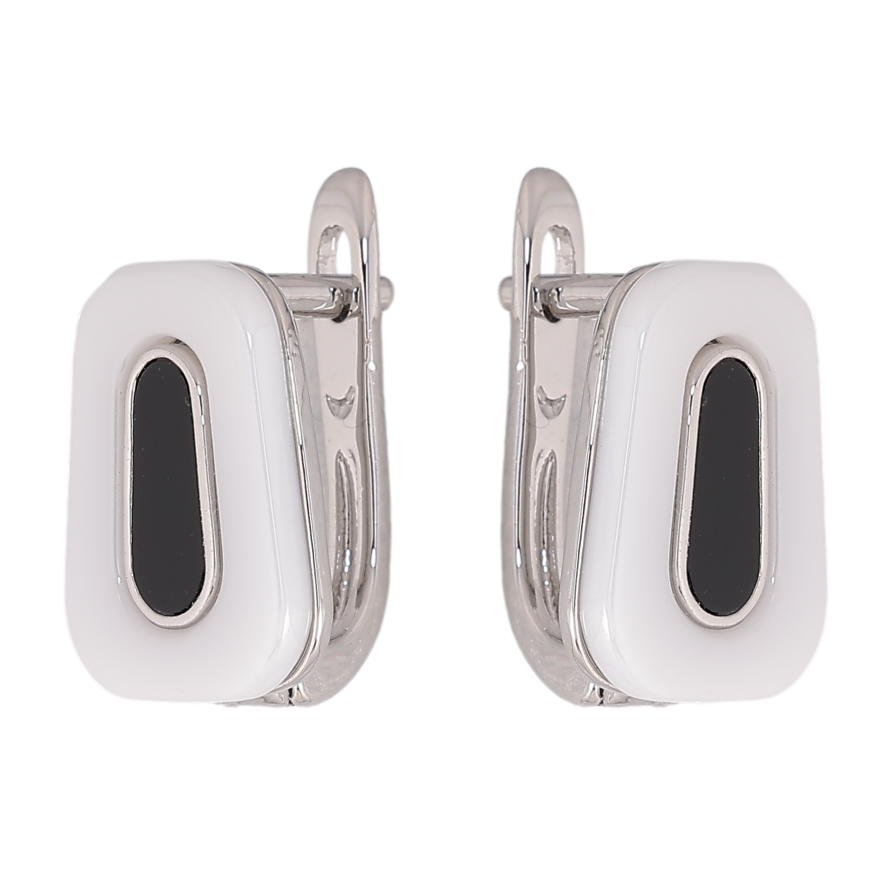 Серьги Xuping TTM Stainless Steel цвет Родий английский замок "Узор из белой керамики с черной вставкой" фото №1