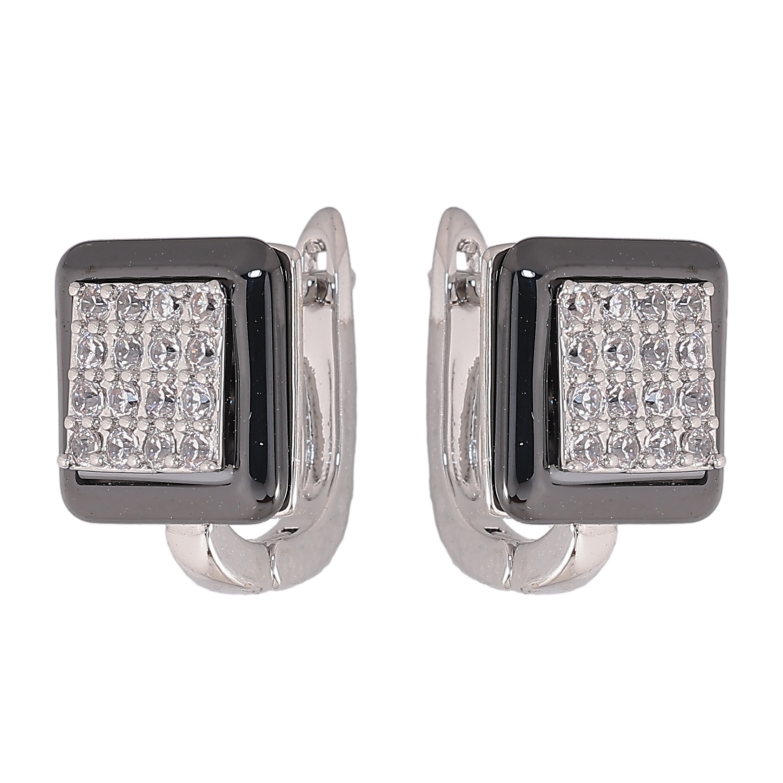Серьги Xuping TTM Stainless Steel цвет Родий английский замок "Квадраты с черной керамикой и кристаллами" фото №1