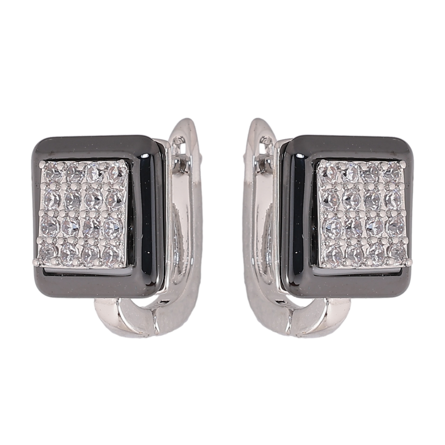 Серьги Xuping TTM Stainless Steel цвет Родий английский замок "Квадраты с черной керамикой и кристаллами" фото №1