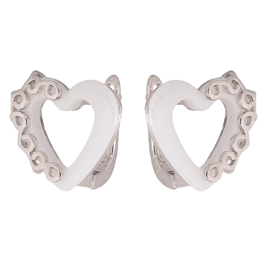 Серьги Xuping TTM Stainless Steel цвет Родий английский замок "Сердечки с белой керамикой" фото №1