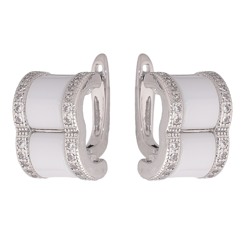 Серьги Xuping TTM Stainless Steel цвет Родий английский замок "Узор с белой керамикой и кристаллами" фото №1