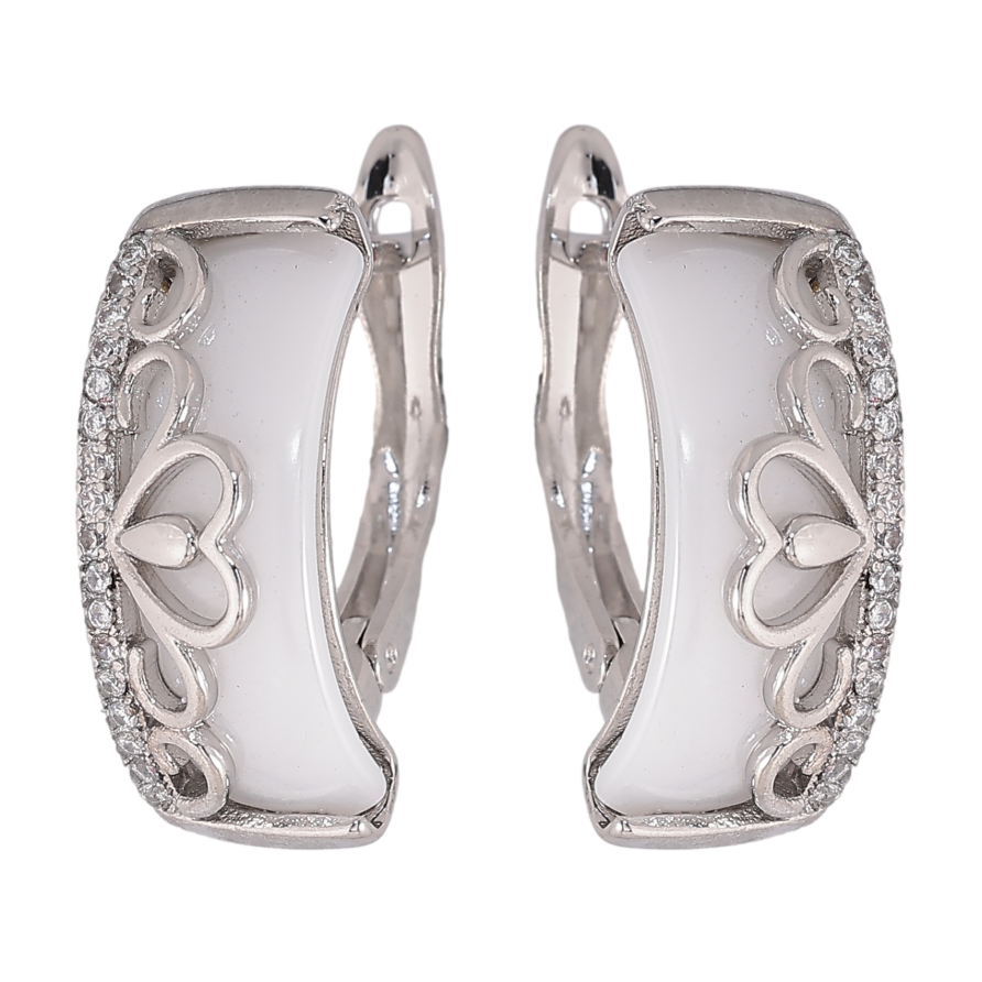 Серьги Xuping TTM Stainless Steel цвет Родий английский замок "Узор с белой керамикой" фото №1