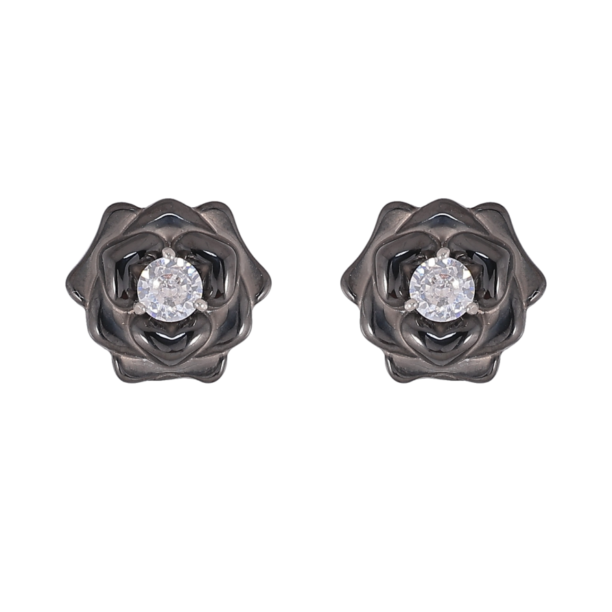 Сережки Xuping TTM Stainless Steel колір Родій пусети "Чорні керамічні квіточки з кристалами" фото №1