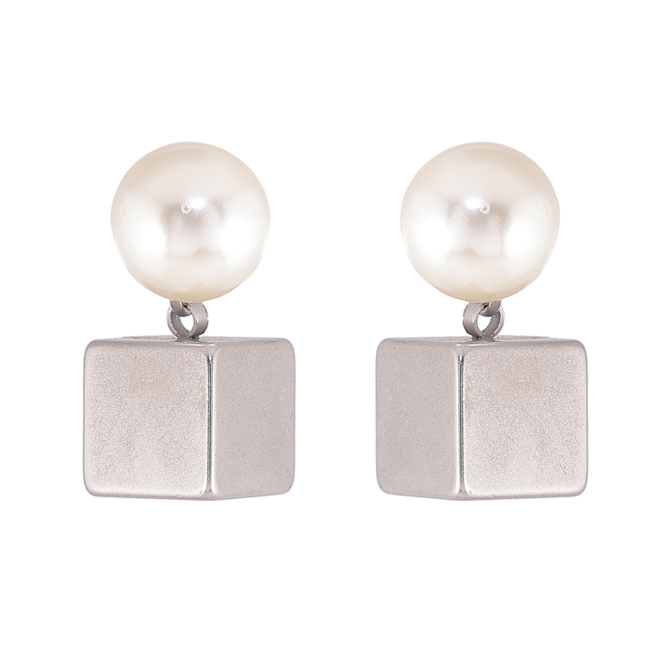 Сережки Xuping TTM Stainless Steel колір Родій пусети "Перлини з підвісками кубиками" фото №10