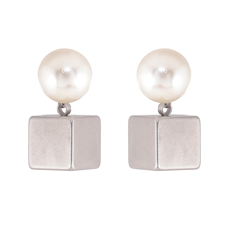 Серьги Xuping TTM Stainless Steel цвет Родий пусеты "Жемчужины с подвесками кубиками"  фото №1