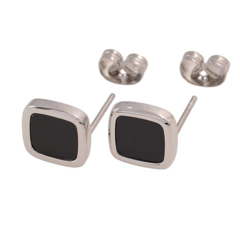 Серьги Xuping TTM Stainless Steel цвет Родий пусеты "Ромбы с черными вставками" 9х9мм фото №4