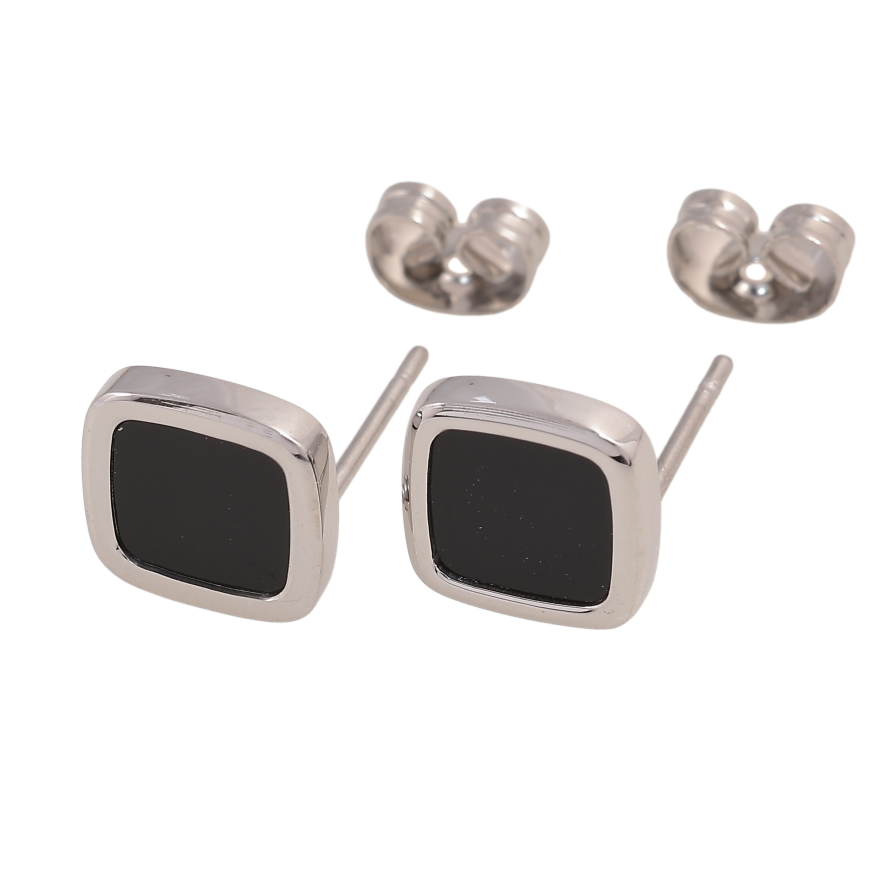 Сережки Xuping TTM Stainless Steel колір Родій пусети "Ромби з чорними вставками" 9х9мм фото №1