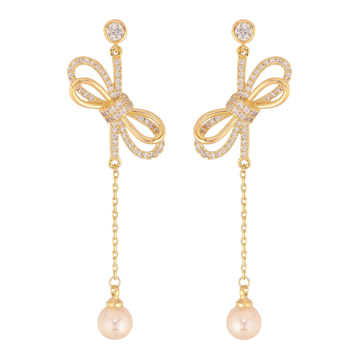 Сережки Xuping колір 14K з кристалами Swarovski пусети "Бантики з кристалами Clear та перлинами" фото №11