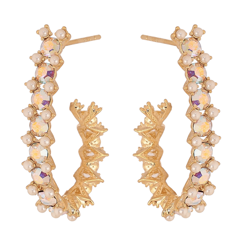 Серьги Xuping цвет 14K с кристаллами Swarovski пусеты "Дуги с кристаллами АВ и жемчугом" фото №1