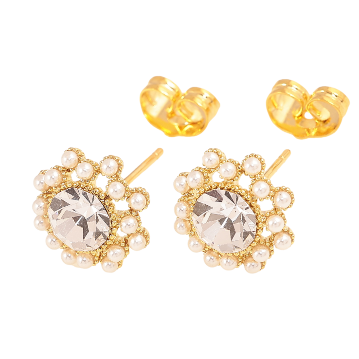 Сережки Xuping колір 14K з кристалами Swarovski пусети "Квіточки з кристалом Clear і дрібними перлами" фото №3