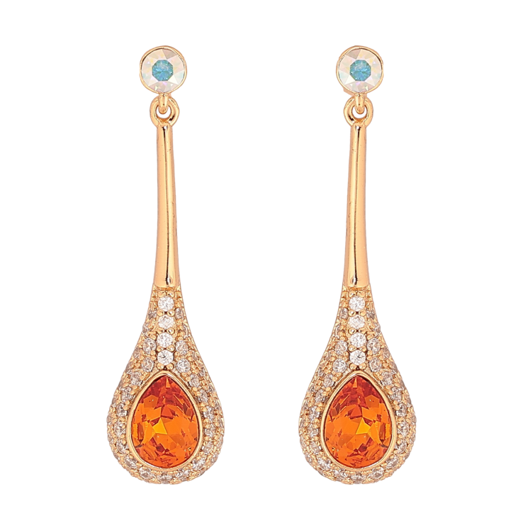 Сережки Xuping колір 18K з кристалами Swarovski пусети "Кристал АВ та Tangerine у краплинному обрамленні" фото №15