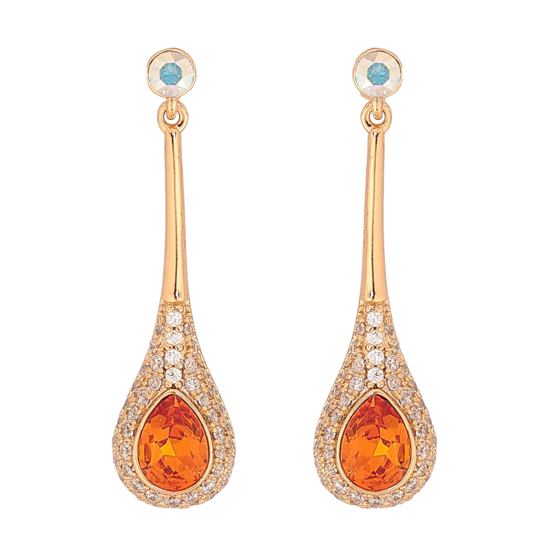 Серьги Xuping цвет 18K с кристаллами Swarovski пусеты "Кристалл АВ и Tangerine в капельном обрамлении" фото №1