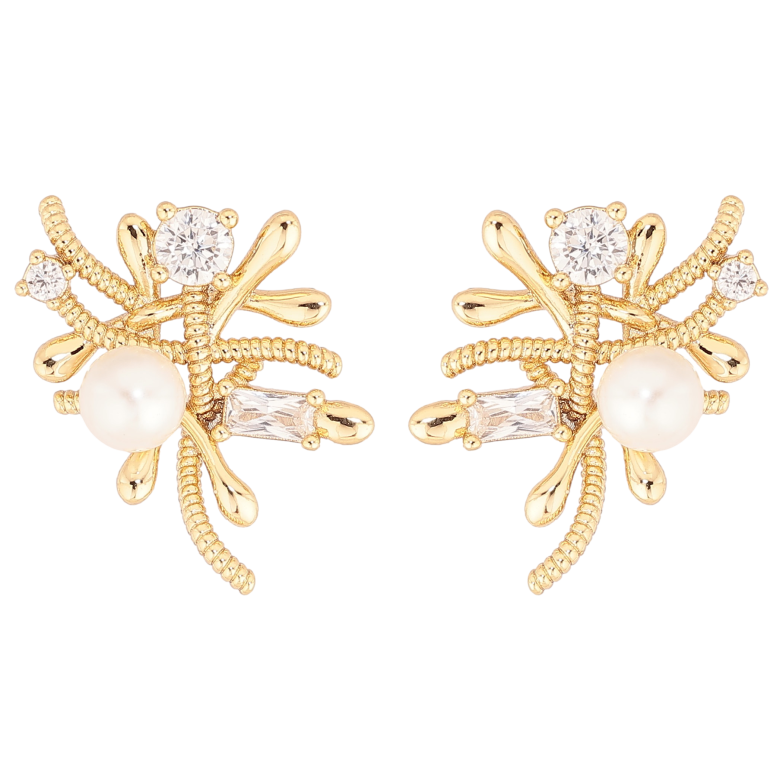 Серьги Xuping цвет Позолота 14K пусеты "Декоративный узор с кристаллами и жемчужинами" фото №1