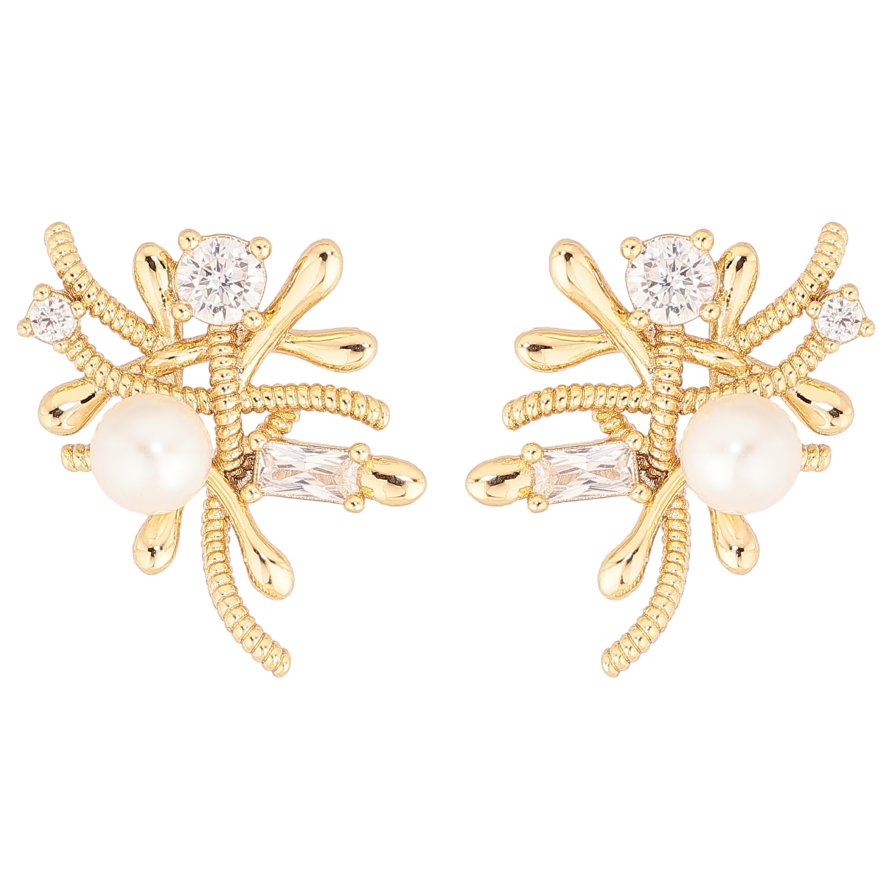 Сережки Xuping колір Позолота 14K пусети "Декоративний візерунок з кристалами та перлинами" фото №1