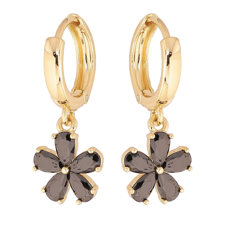 Сережки Xuping колір Позолота 14K підвіски на колечках "Чорні кристальні квіточки" фото №1