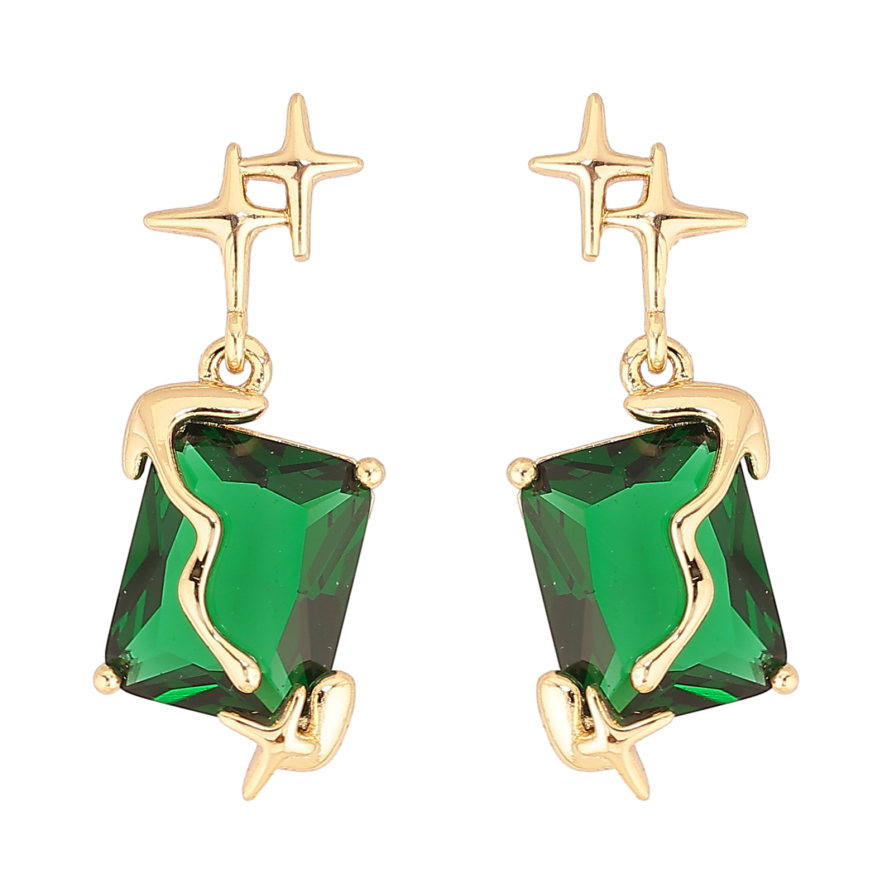 Сережки Xuping колір Позолота 14K пусети "Зірки з зеленими кристалами" фото №1