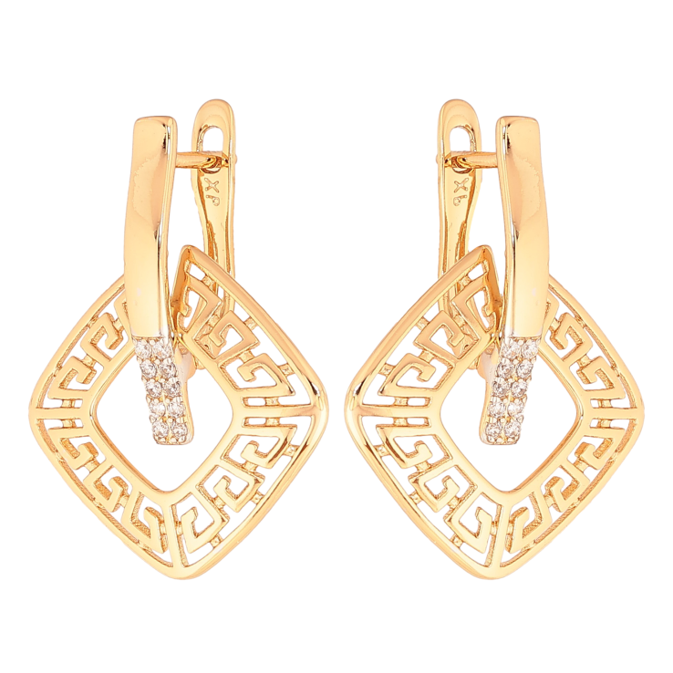 Серьги Xuping цвет Позолота 18K + Родий английский замок "Греческий узор с кристаллами" фото №13