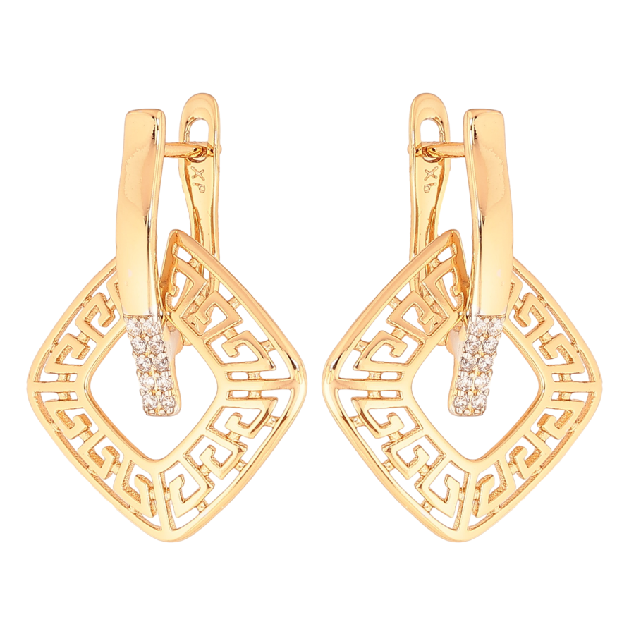 Серьги Xuping цвет Позолота 18K + Родий английский замок "Греческий узор с кристаллами" фото №1