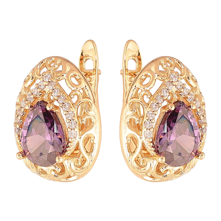 Серьги Xuping цвет Позолота 18K английский замок "Ажурные капельки с сиреневыми кристаллами" фото №13