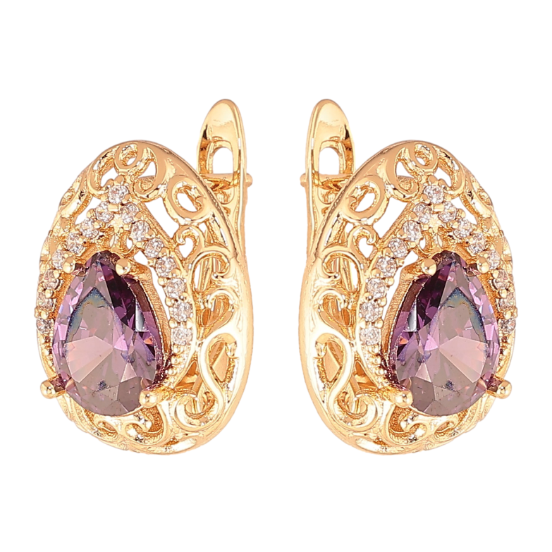 Сережки Xuping колір Позолота 18K англійський замок "Ажурні крапельки з бузковими кристалами" фото №1