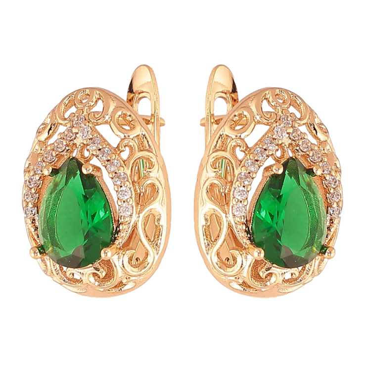 Серьги Xuping цвет Позолота 18K английский замок "Ажурные капельки с зелеными кристаллами" фото №14