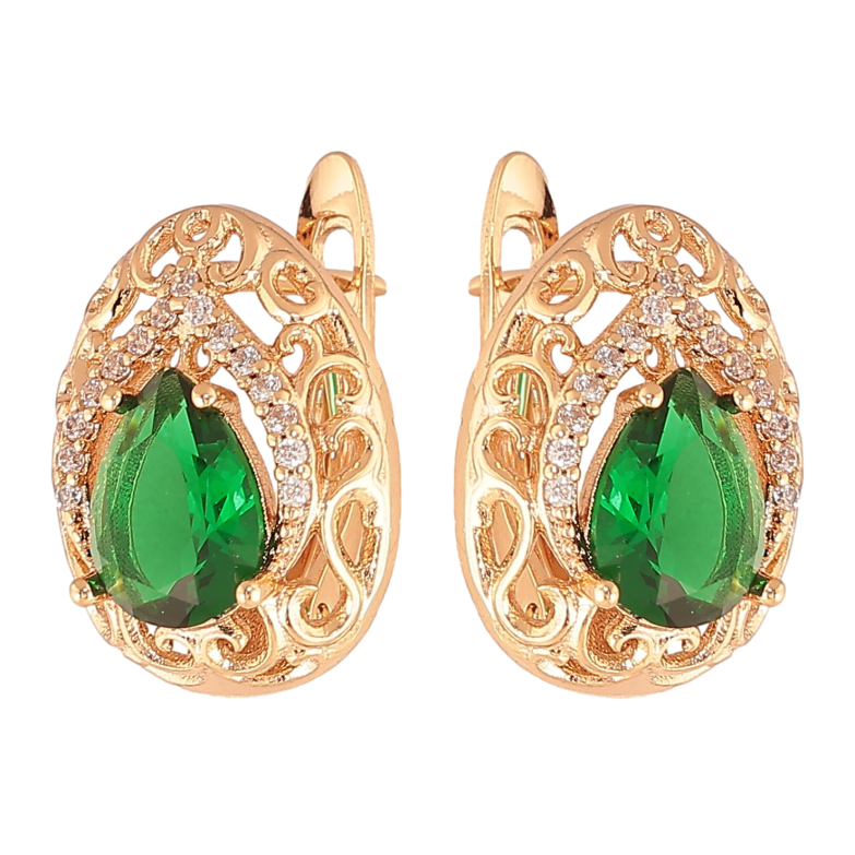 Сережки Xuping колір Позолота 18K англійський замок "Ажурні крапельки з зеленими кристалами" фото №1