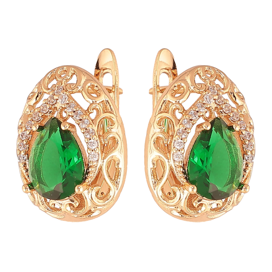 Сережки Xuping колір Позолота 18K англійський замок "Ажурні крапельки з зеленими кристалами" фото №1