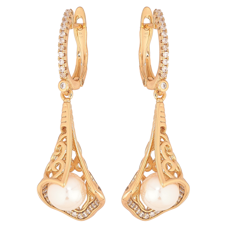 Серьги Xuping цвет Позолота 18К английский замок "Ажурные подвески с жемчужинами" фото №4