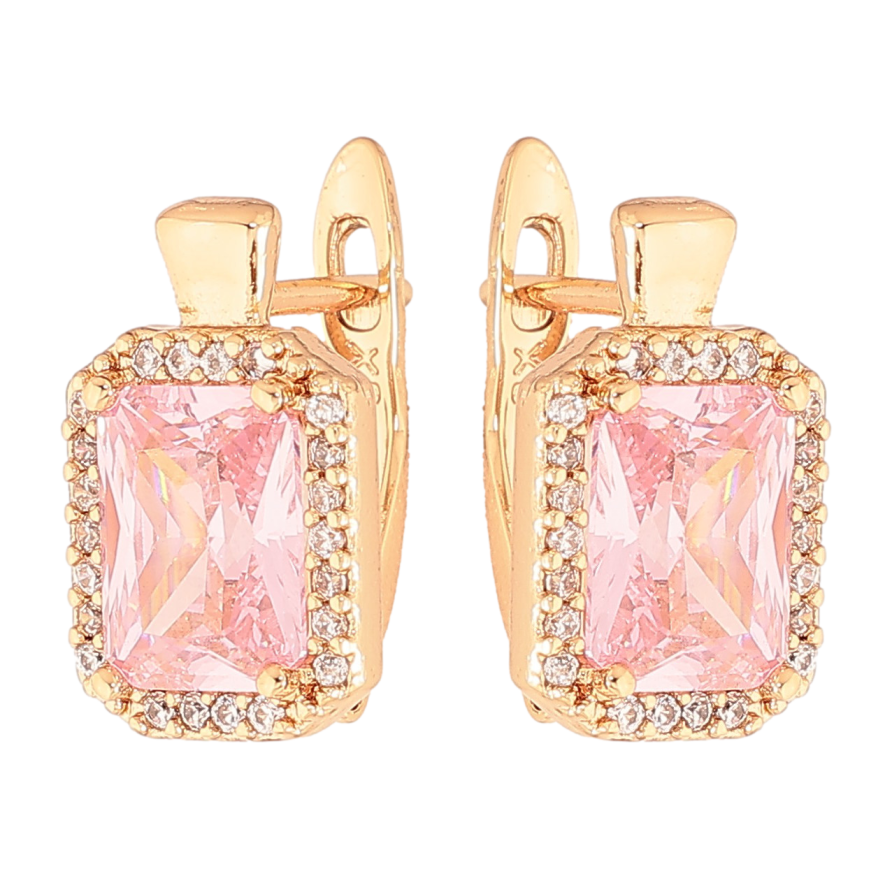 Сережки Xuping колір Позолота 18K англійський замок "Рожеві кристали в обрамленні" фото №1