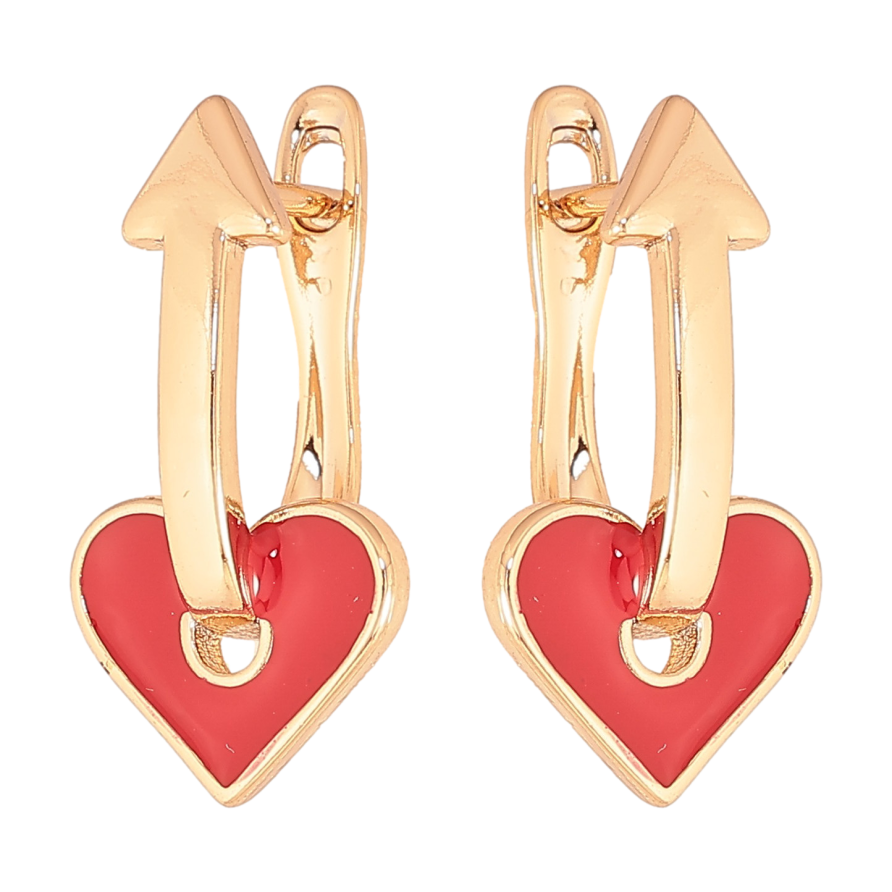 Сережки Xuping колір Позолота 18К англійський замок "Червоні серця зі стрілками" фото №1