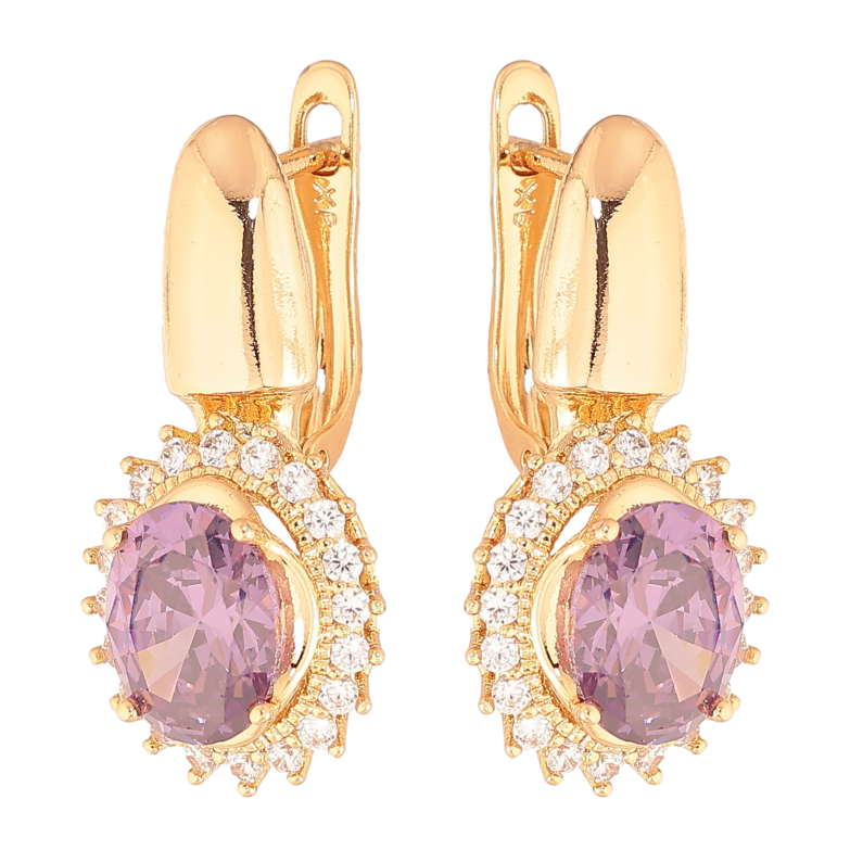 Сережки Xuping колір Позолота 18K англійський замок "Бузкові кристали в обрамленні" фото №1