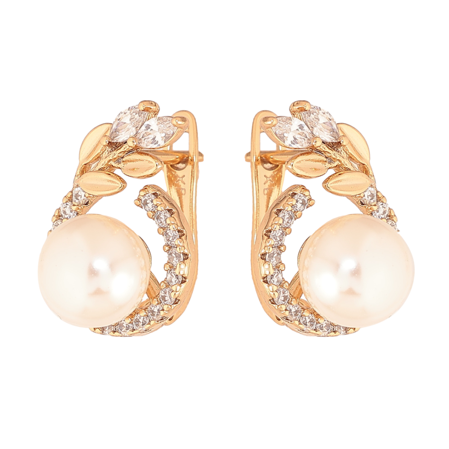 Сережки Xuping колір Позолота 18K англійський замок "Візерунок з перлинами та кристалами" фото №1