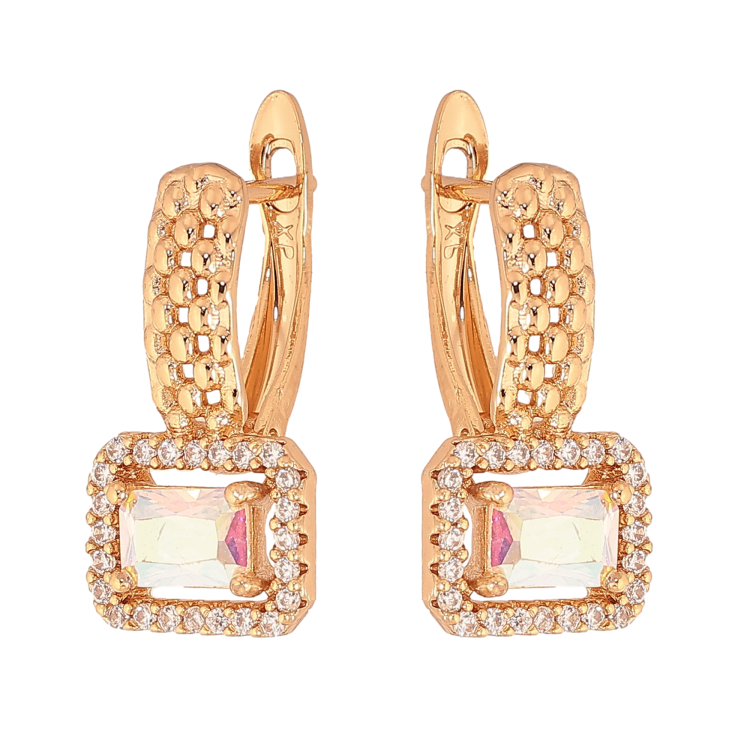 Сережки Xuping колір Позолота 18К англійський замок "Візерунок з райдужним кристалом в обрамленні" фото №24 Сережки Xuping колір Позолота 18К англійський замок "Візерунок з райдужним кристалом в обрамленні" фото №24