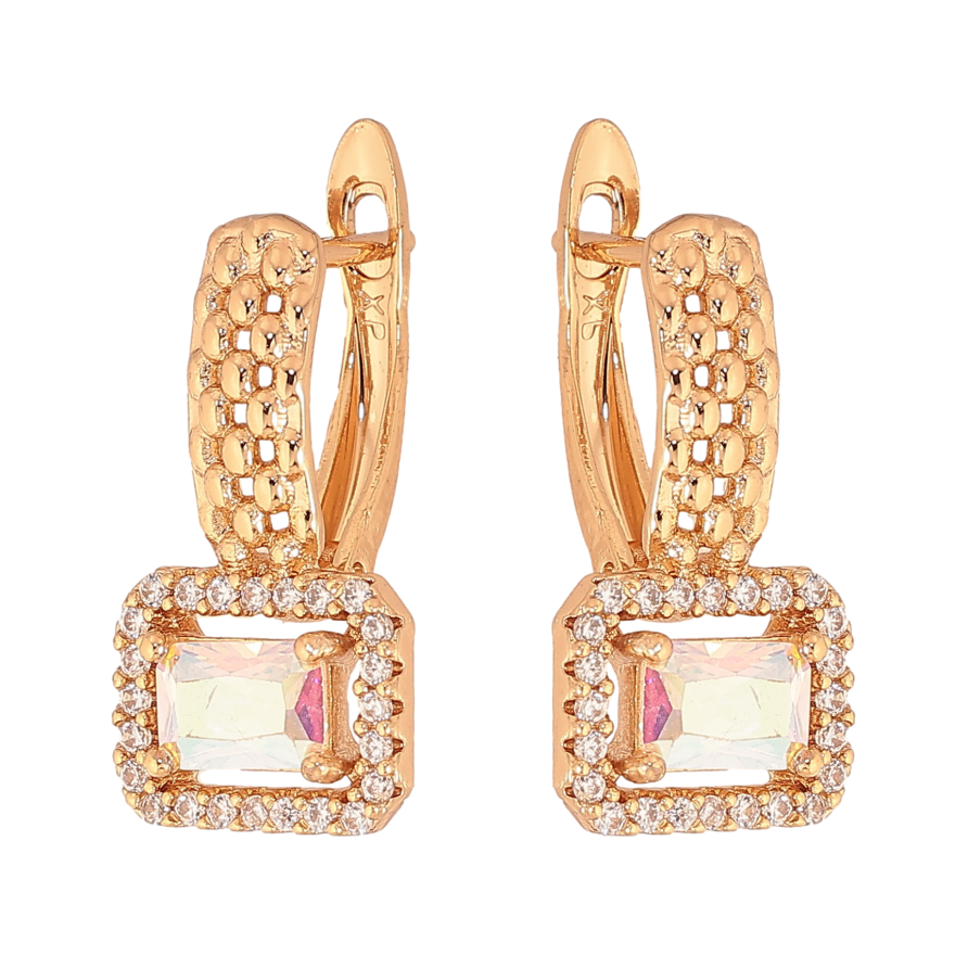 Сережки Xuping колір Позолота 18К англійський замок "Візерунок з райдужним кристалом в обрамленні" фото №1 Сережки Xuping колір Позолота 18К англійський замок "Візерунок з райдужним кристалом в обрамленні" фото №1