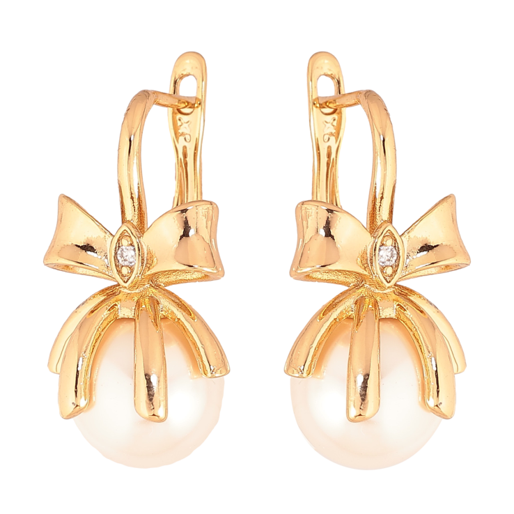 Серьги Xuping цвет Позолота 18К английский замок "Бантики с жемчужинами" фото №7