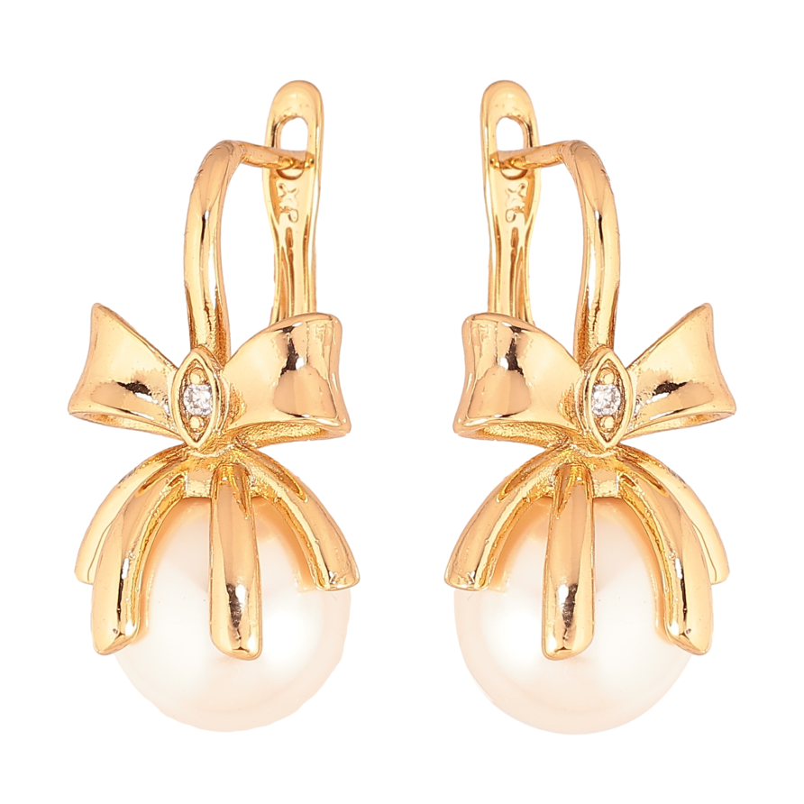 Серьги Xuping цвет Позолота 18К английский замок "Бантики с жемчужинами" фото №1 Серьги Xuping цвет Позолота 18К английский замок "Бантики с жемчужинами" фото №1